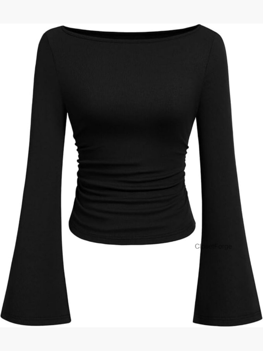 Long Sleeve Crop Top Boat Neck Bell Sleeve Ribbed Ruched Y2K Slim Fit Going Out